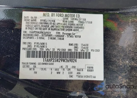 2009 Ford Focus Se из США, поврежденный, VIN 1FAHP35N29W269024